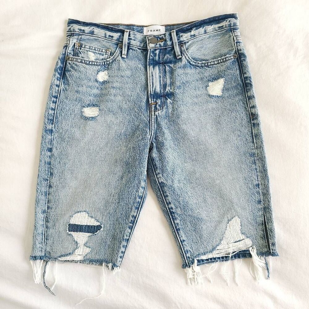 Frame Le Beau Bermuda Shorts Women's Size 25 Blue Denim Distressed Regular Fit C